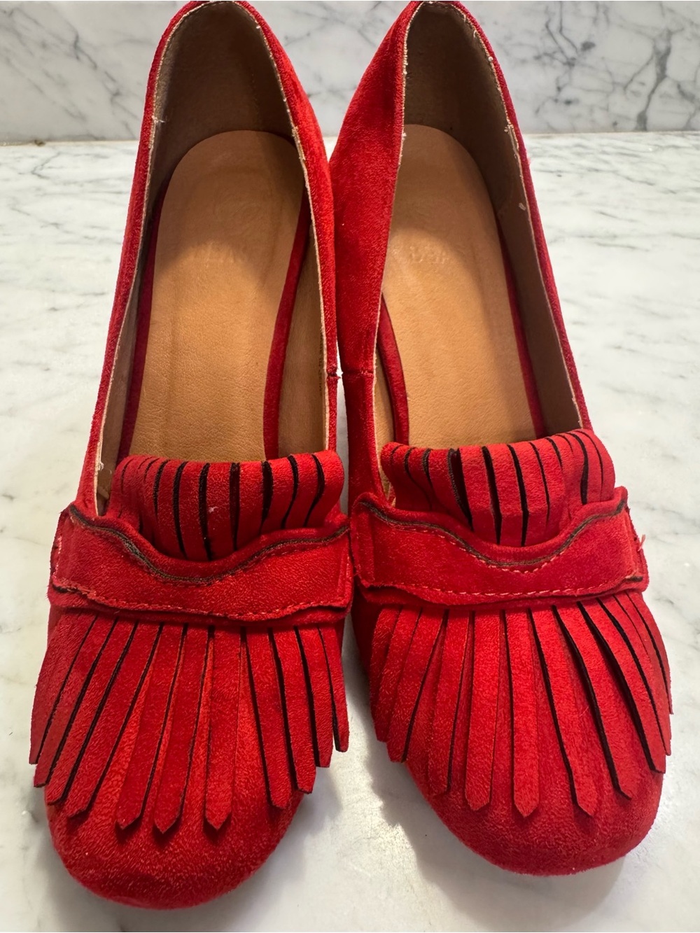 Red Sueded Fringe Loafers - Women's Stylish Slip-Ons